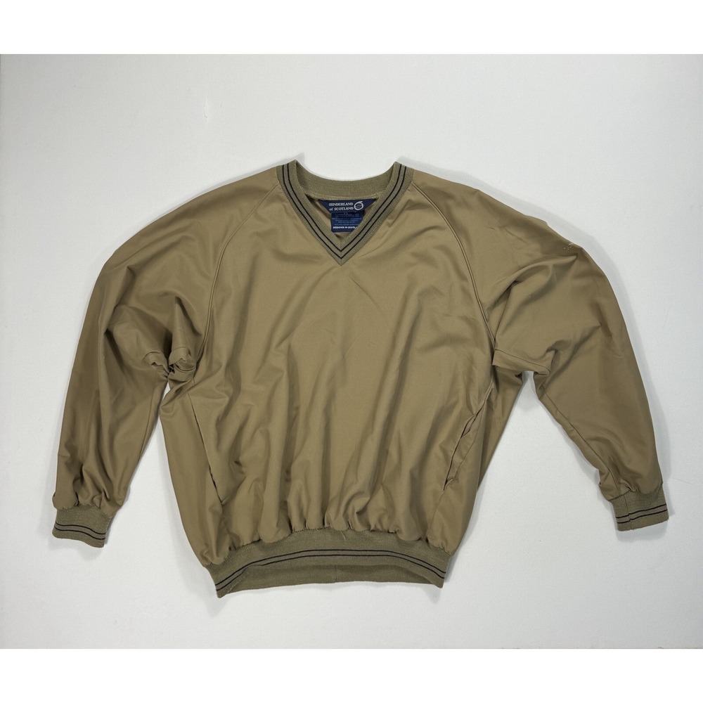 Sunderland Of Scotland Mens Medium Pullover Windbreaker Golf Jacket Beige V-Neck